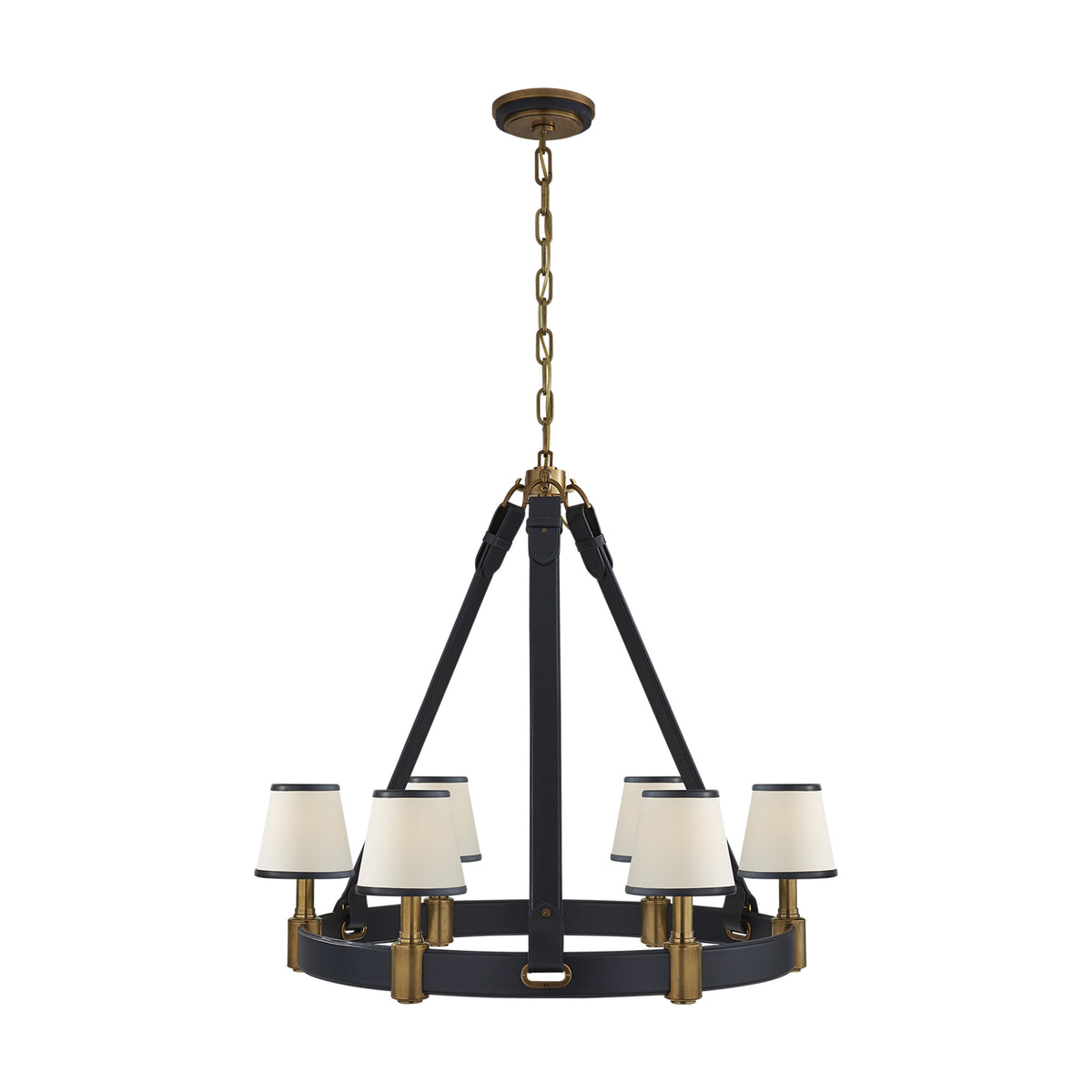 RILEY LARGE RING CHANDELIER IN NATURAL BRASS AND NAVY LEATHER WITH LEATHER TRIMMED LINEN SHADE