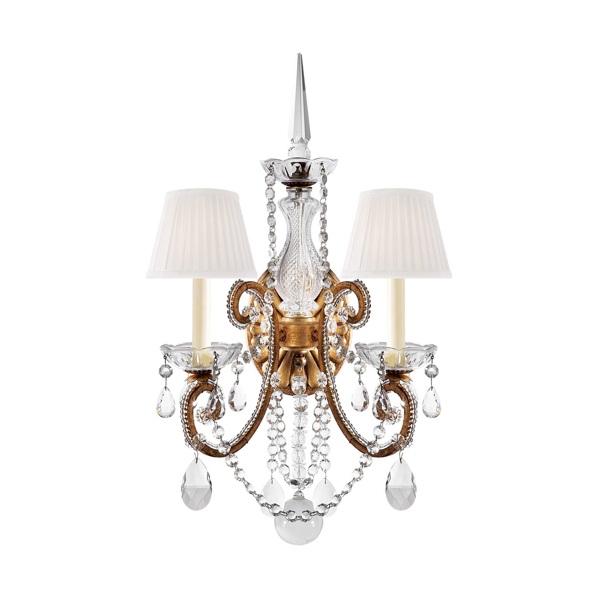 ADRIANNA DOUBLE SCONCE IN GOLDED IRON AND CRYSTAL WITH SILK SHADES