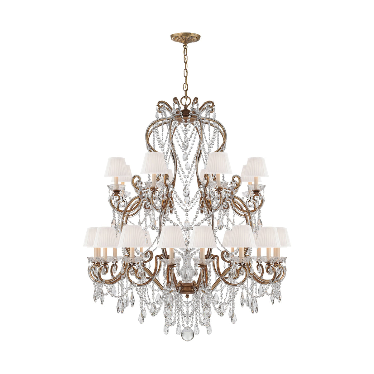 ADRIANNA LARGE CHANDELIER IN GOLDED IRON AND CRYSTAL WITH SILK SHADES