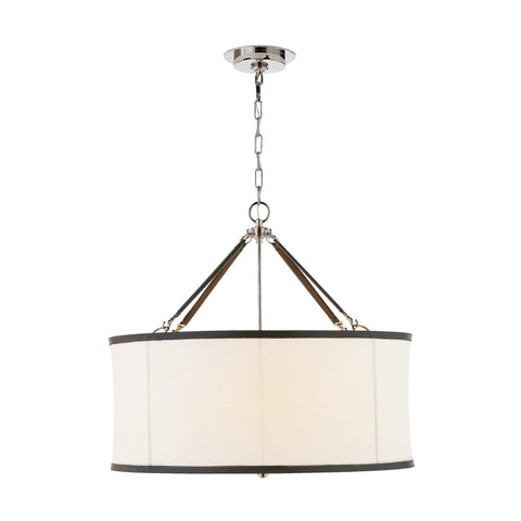 BROOMFIELD LARGE PENDANT IN POLISHED NICKEL AND CHOCOLATE LEATHER WITH LINEN SHADE