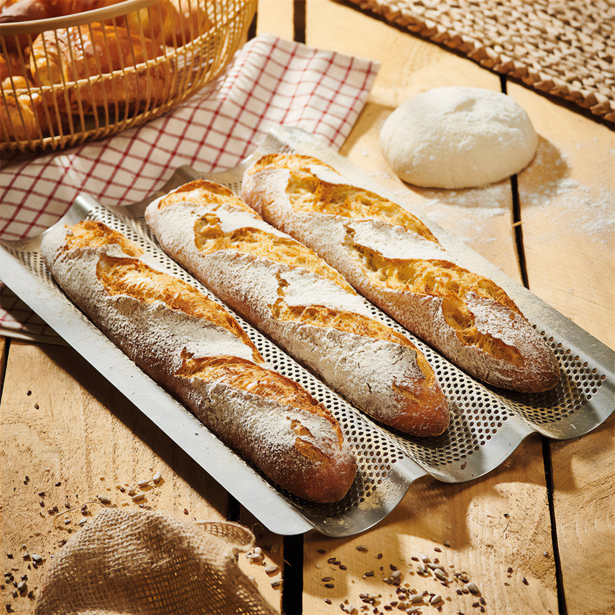 BAKING TRAY FOR 3 BAGUETTES PERFORATED STAINLESS STEEL