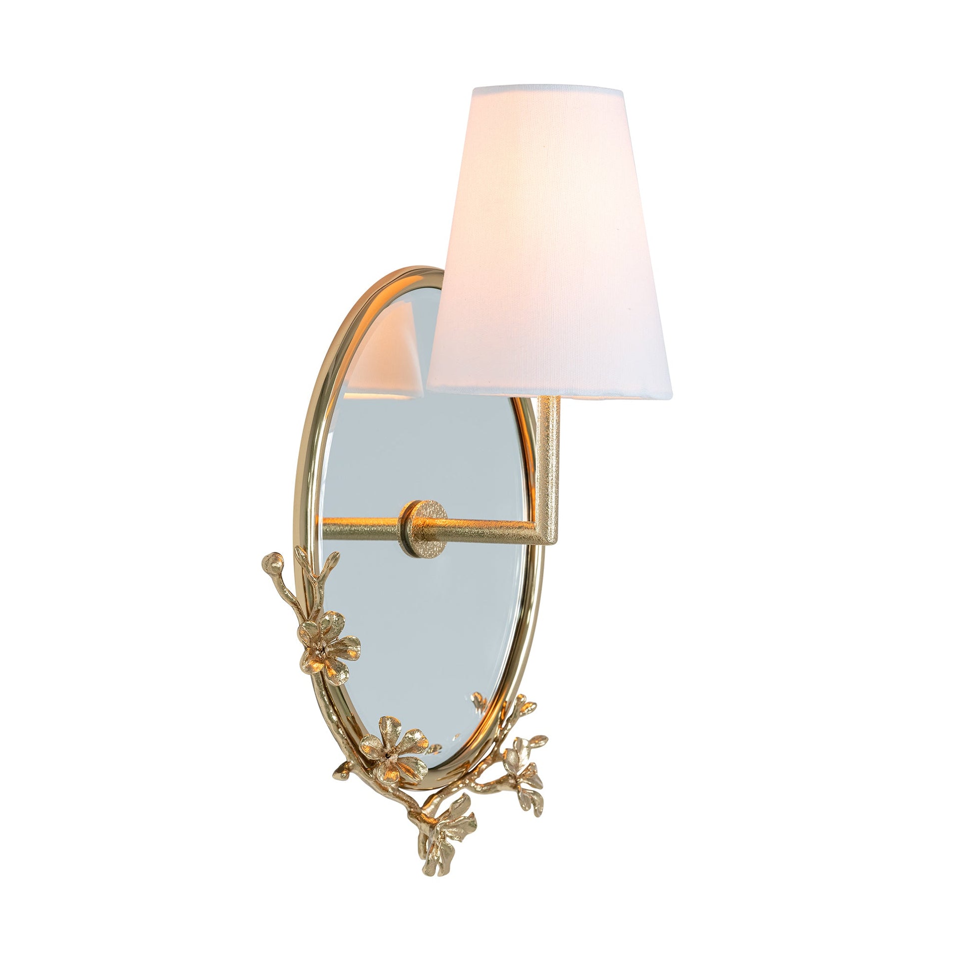 CB OVAL MIRROR WALL SCONCE WITH FABRIC SHADE BRASS