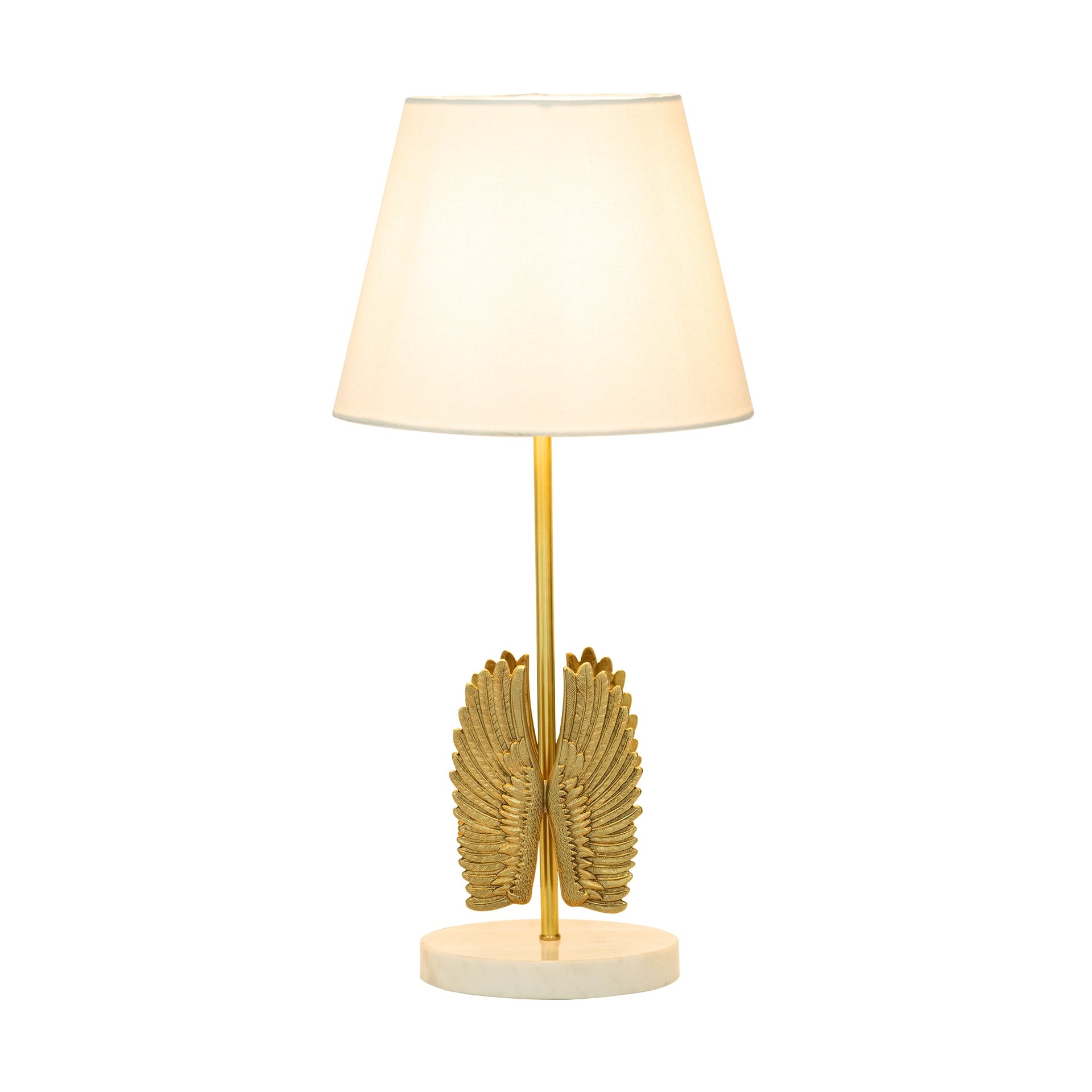 FEATHER TABLE LAMP WITH FABRIC SHADE BRASS