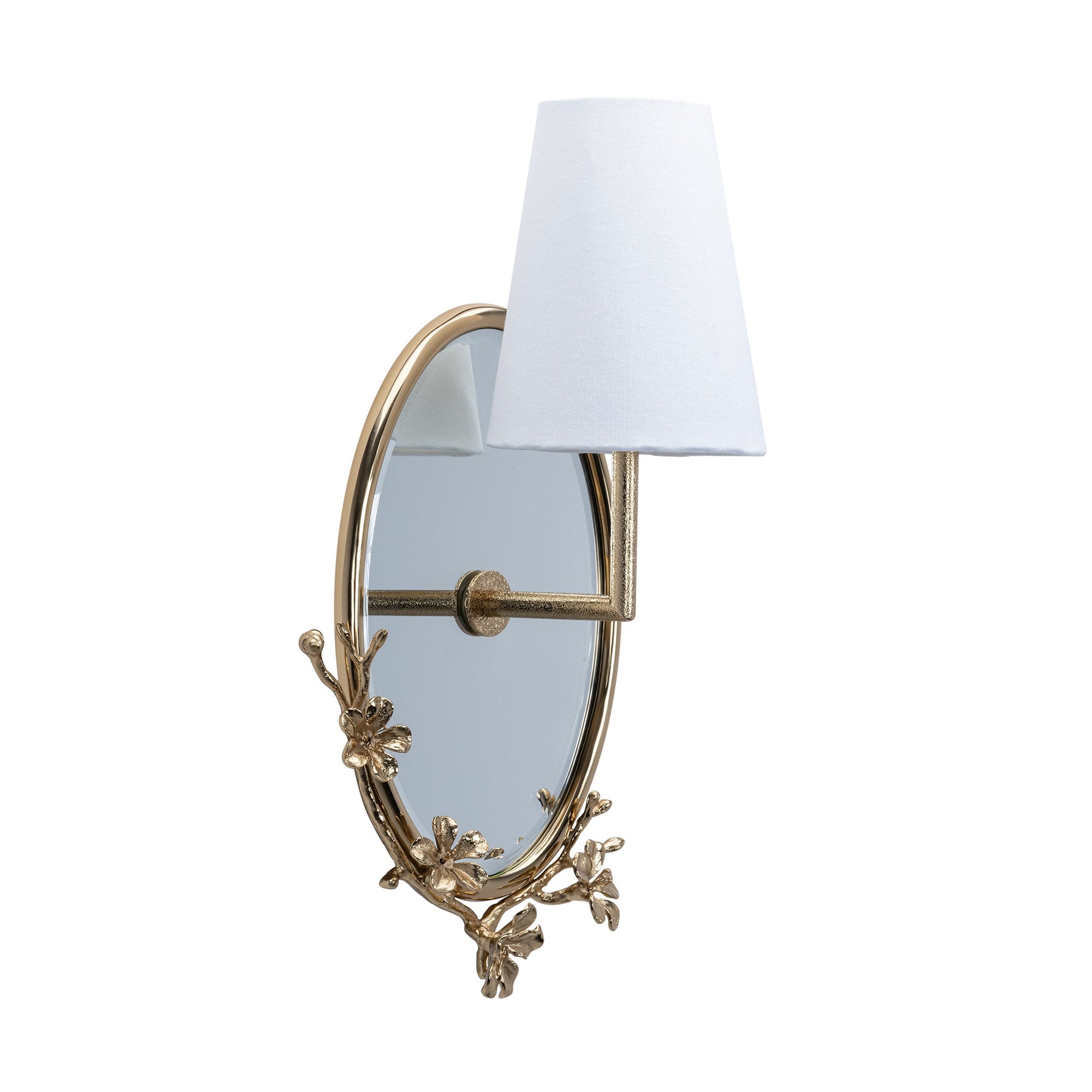 CB OVAL MIRROR WALL SCONCE WITH FABRIC SHADE BRASS